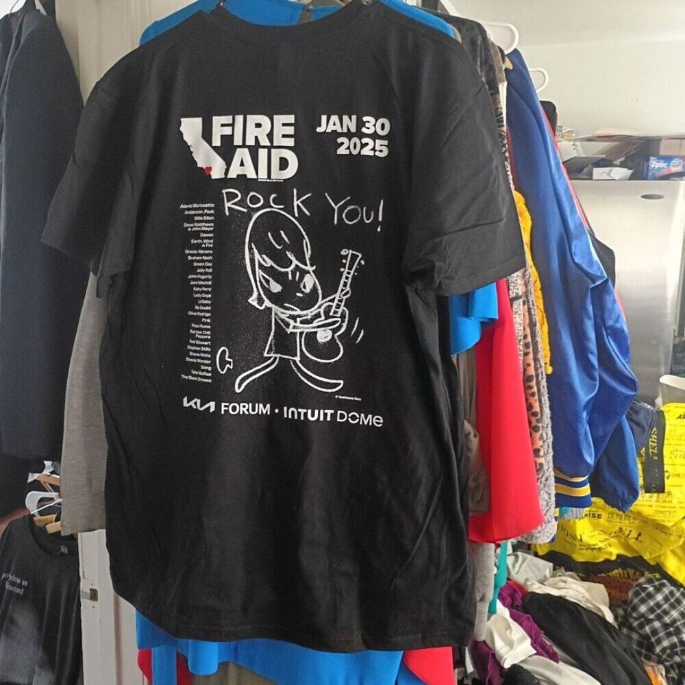 Fire aid 2025 yoshimoto Nara art graphic 2 sided tee black cotton size xl X-larg
